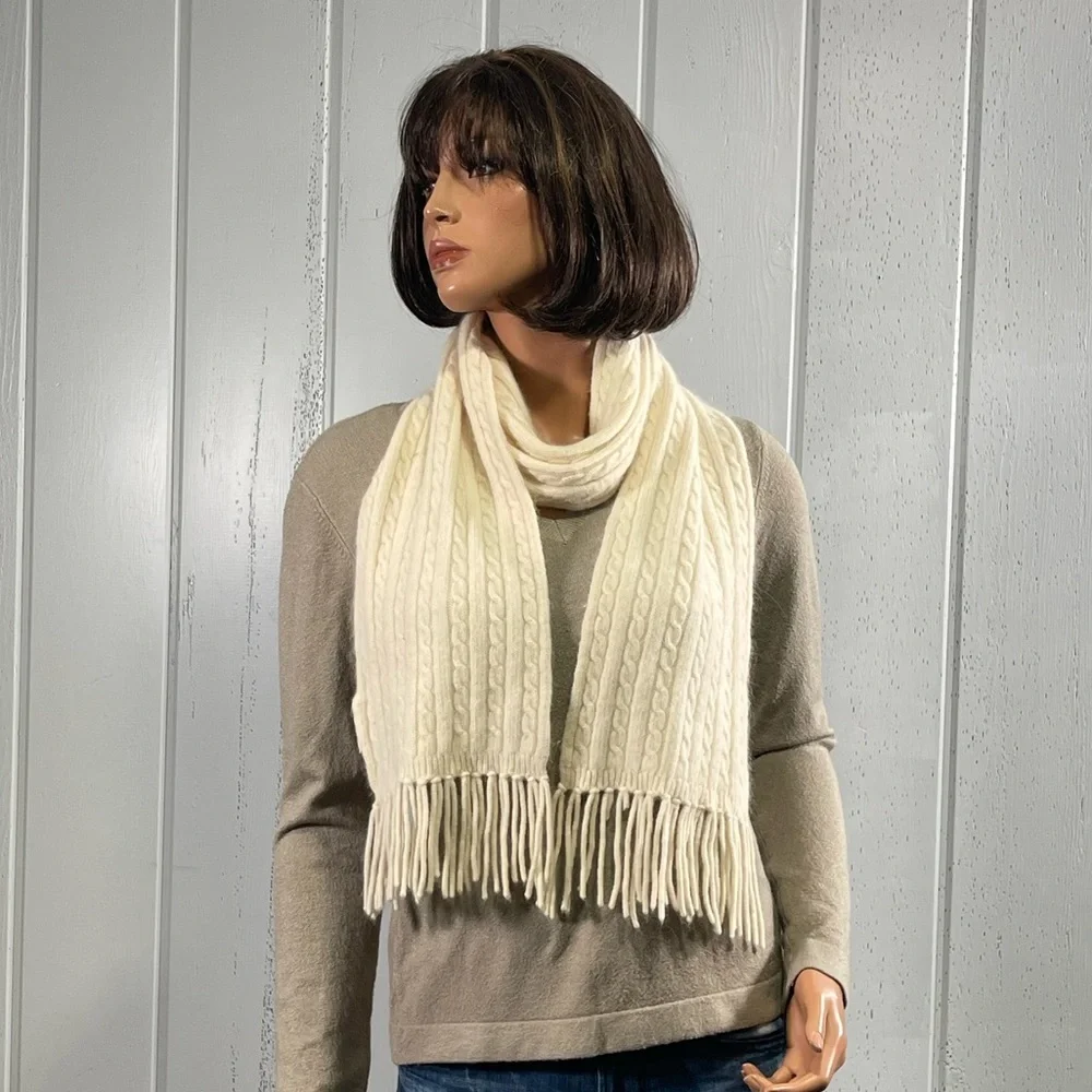*Casual Corner Women's Cream Cable Knit Scarf with Fringes
